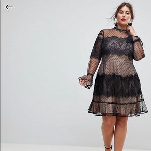 Lace Dobby Patchwork Long Sleeve Mini Dress